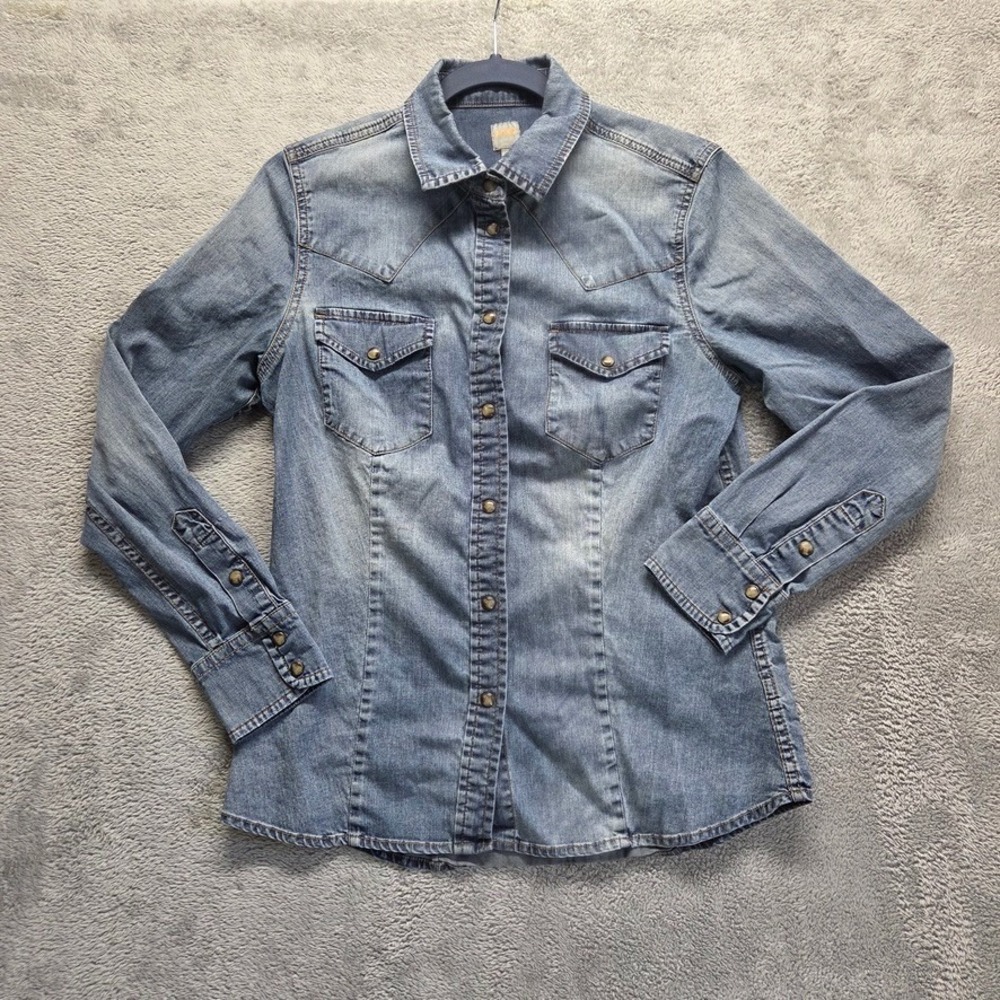 Jag Shirt Womens Small Blue Long Sleeve Collared Snap Button Distressed Denim